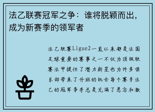 法乙联赛冠军之争：谁将脱颖而出，成为新赛季的领军者