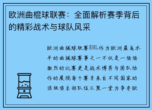 欧洲曲棍球联赛：全面解析赛季背后的精彩战术与球队风采