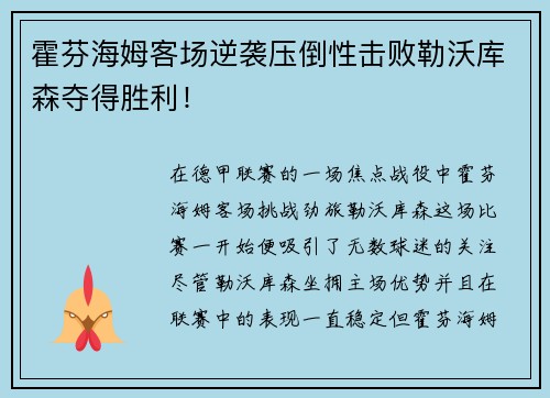 霍芬海姆客场逆袭压倒性击败勒沃库森夺得胜利！