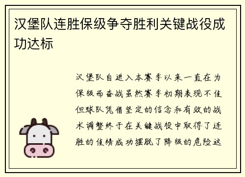 汉堡队连胜保级争夺胜利关键战役成功达标